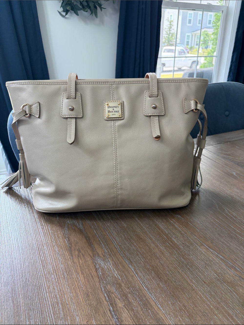 Dooney & Bourke Taupe Beige Leather Tote with Gold Plaque